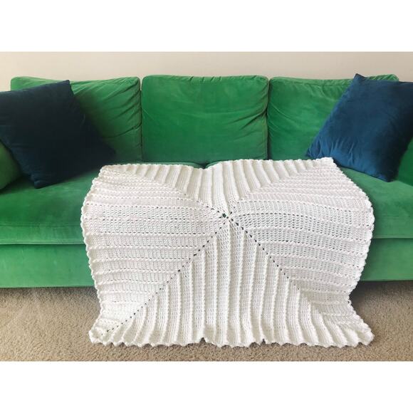 vintage 70s Cream 3d CROCHET hand knit FRINGE AFGHAN handmade square striped - Picture 3 of 7